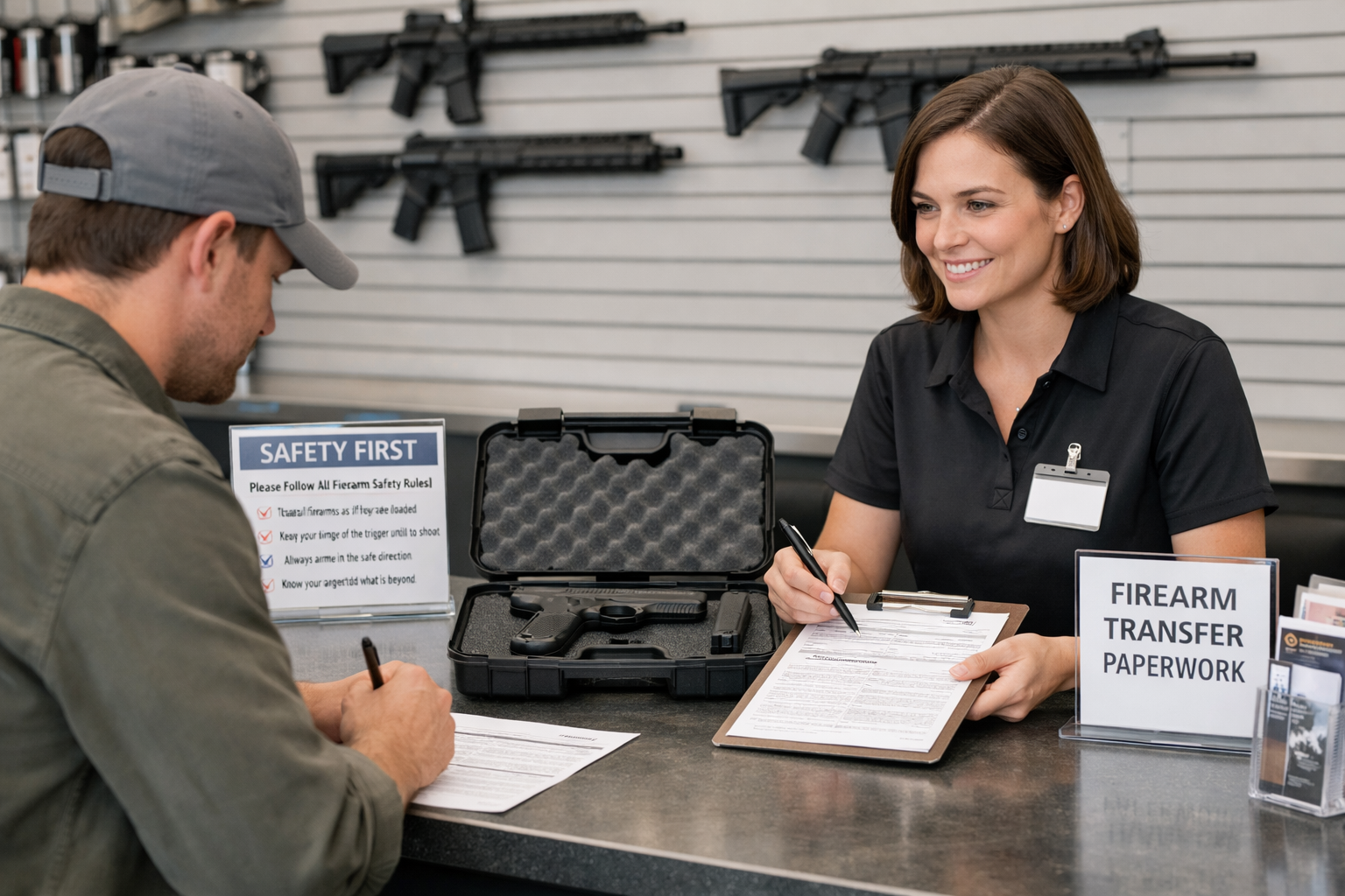 Professional firearm transfer counter with paperwork and a securely cased firearm in a modern gun store.