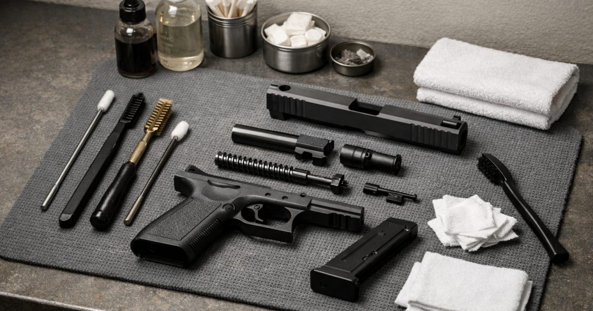 Careful firearm cleaning and maintenance on a workbench