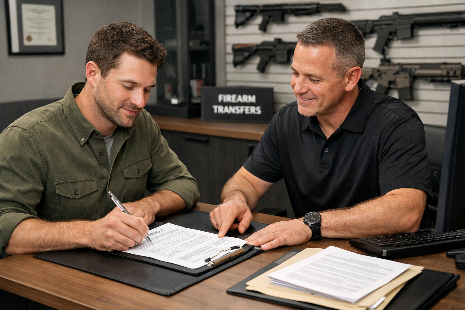Responsible buyer and seller reviewing firearm transfer paperwork in a professional setting.