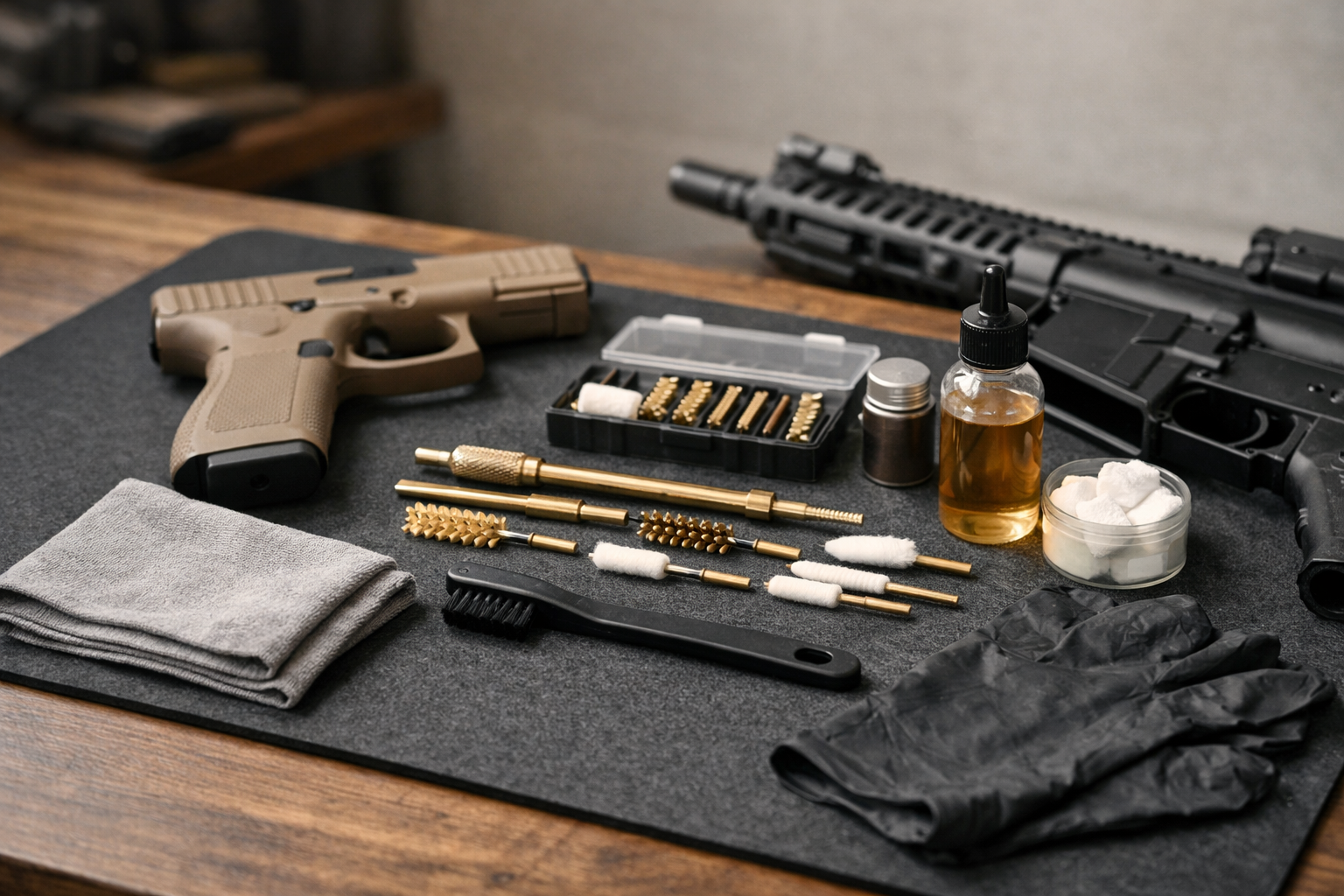 How Often Should You Clean Your Firearm? A neat firearm cleaning setup with gun maintenance tools on a workbench.