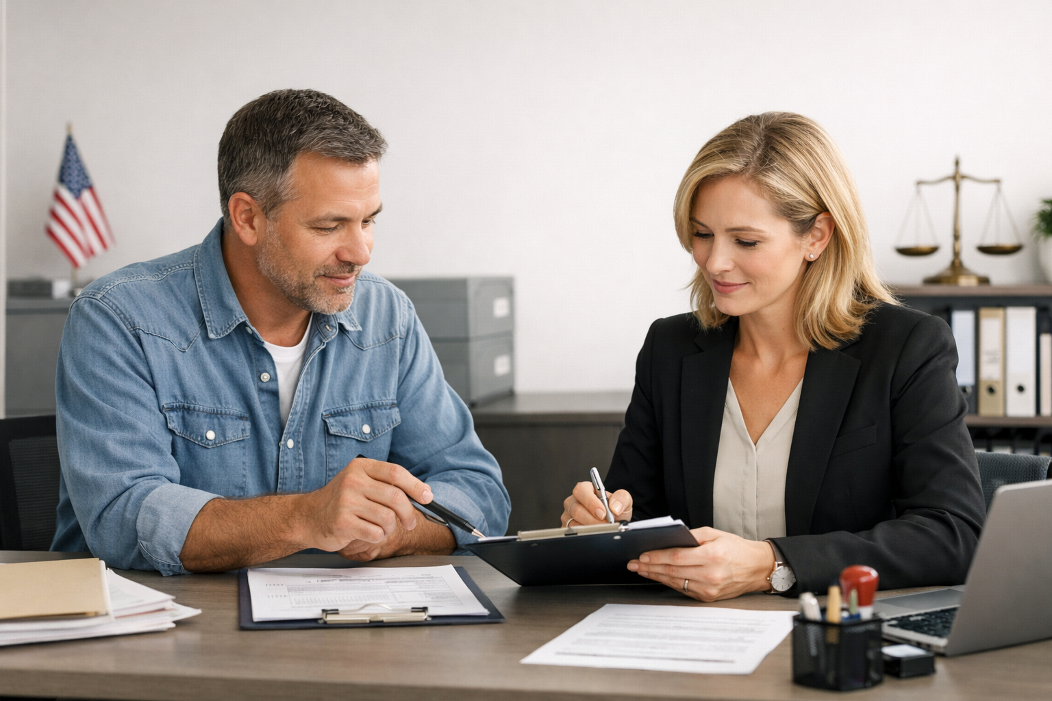 Two adults reviewing paperwork at a licensed dealer counter for a firearm transfer.