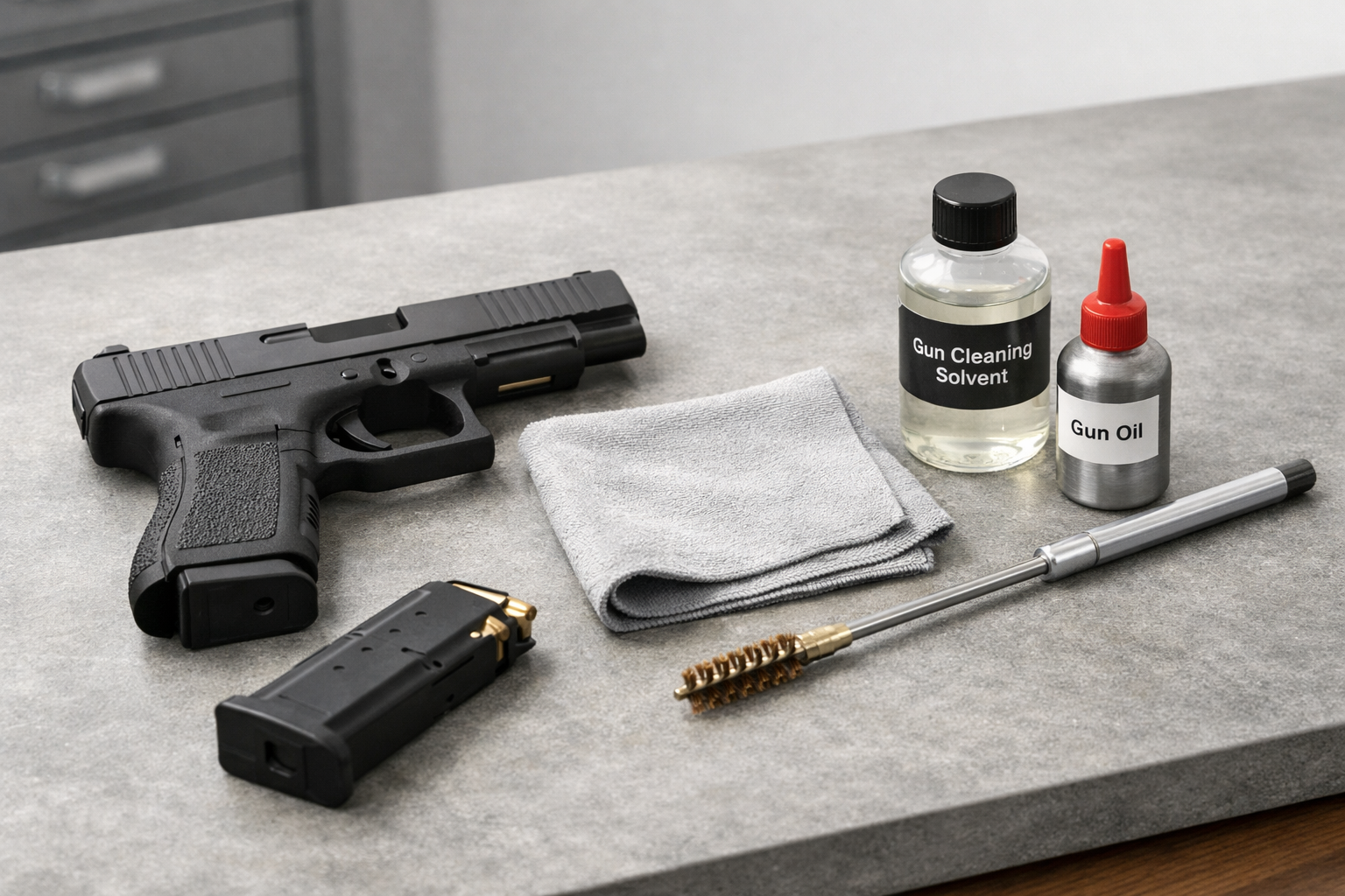 A clean, professional firearm maintenance setup with cleaning tools on a workbench after a range trip.