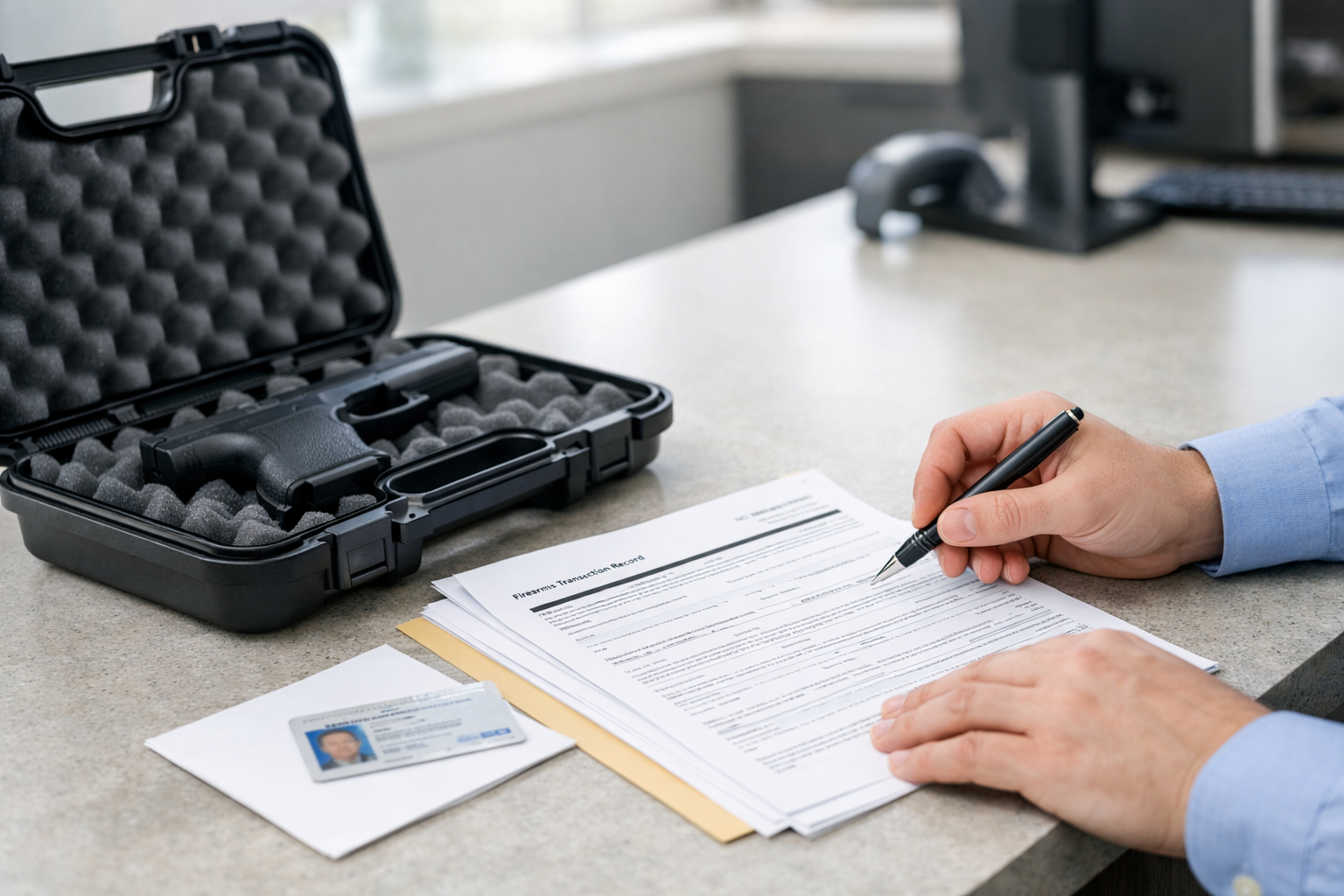 What to Expect During a Legal Firearm Transfer Professional firearm transfer paperwork and a firearm case at an FFL counter