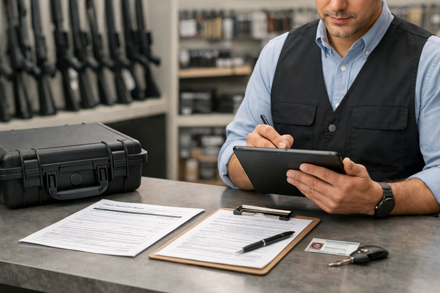 Common FFL Transfer Mistakes and How to Avoid Them A firearms dealer reviewing FFL transfer paperwork at a clean, professional counter.