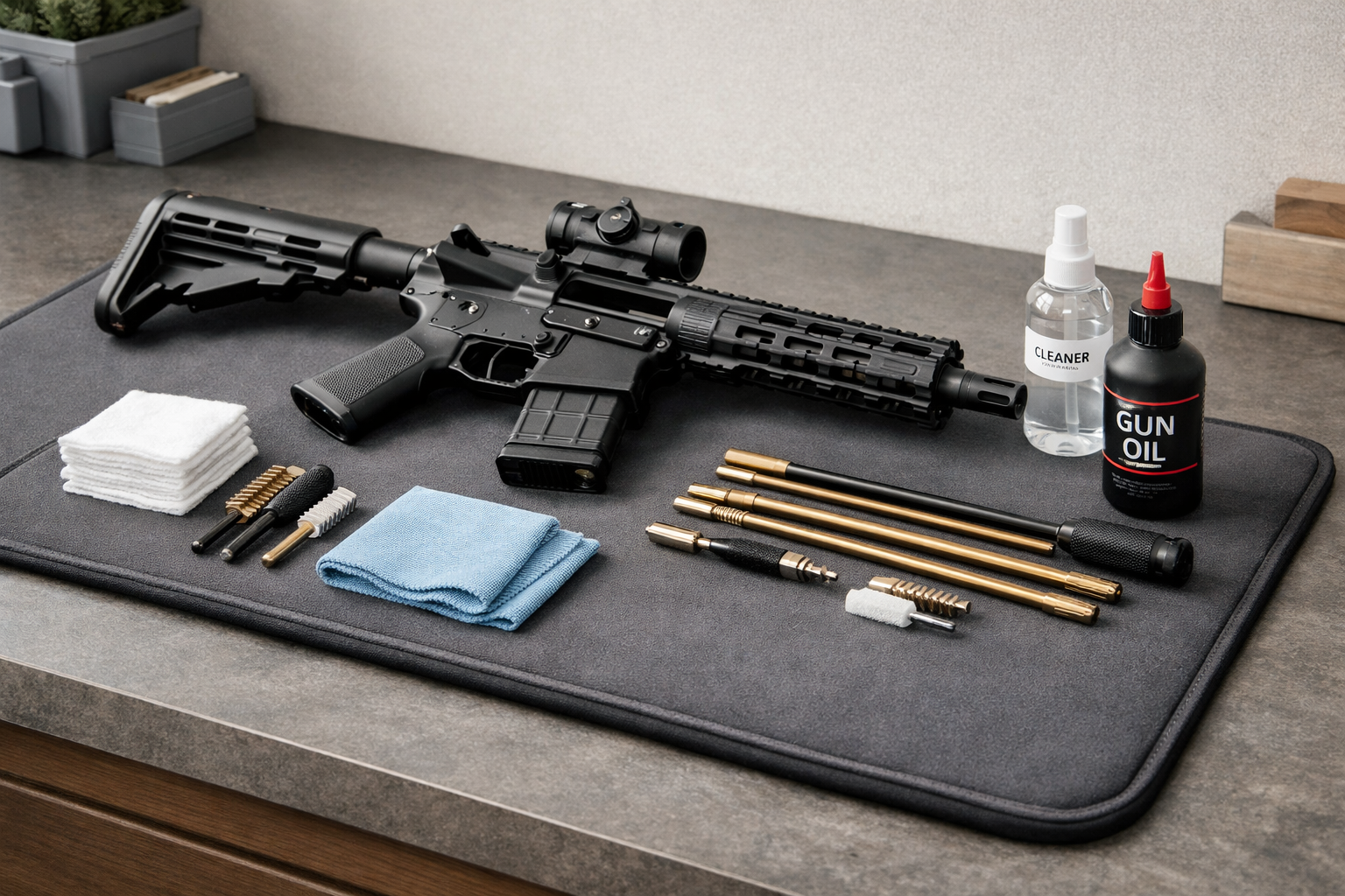 A clean, organized firearm cleaning kit arranged on a workbench beside an unloaded firearm.