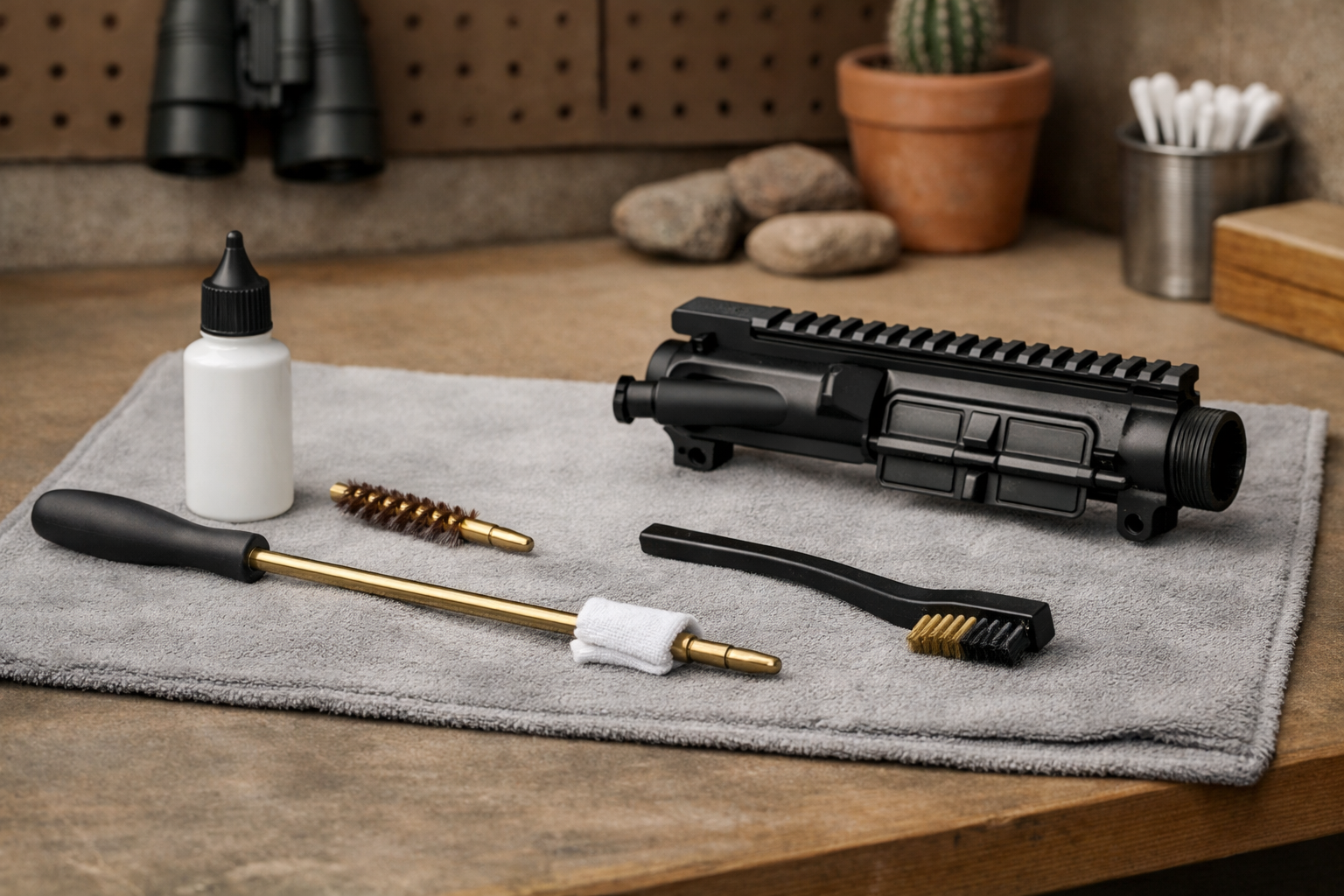 Modern firearm cleaning kit arranged on a clean workbench.
