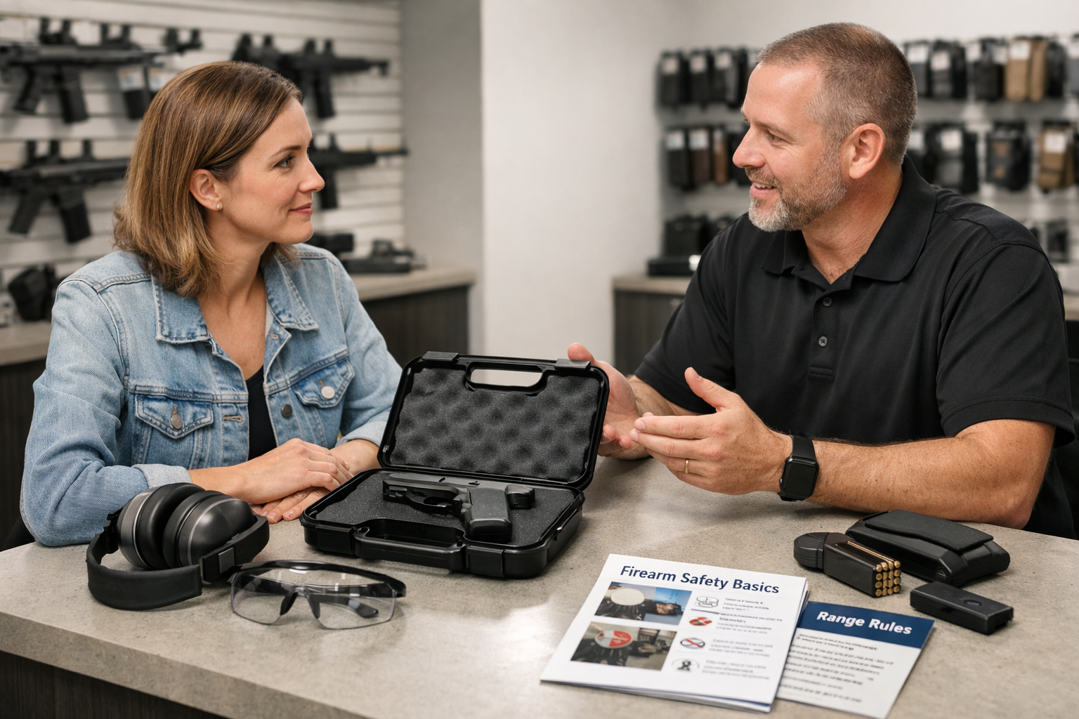 First-time firearm buyer speaking with an instructor at a modern gun counter with safety gear and an open case.