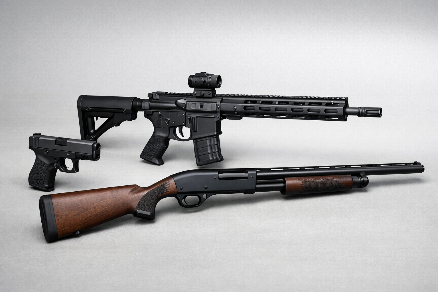 Editorial comparison image showing a pistol, rifle, and shotgun side by side on a neutral background.