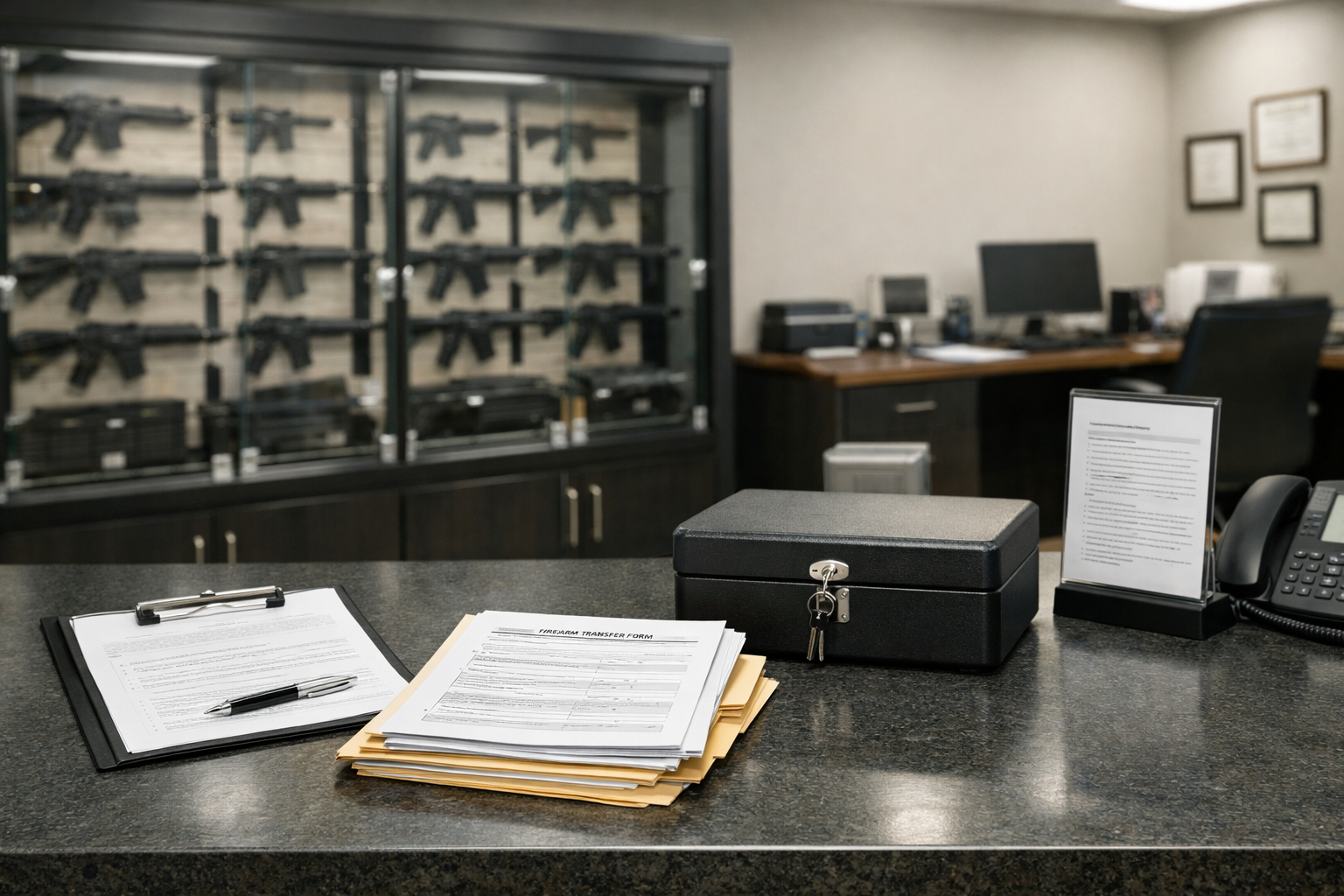 Step-by-Step: How to Complete a Firearm Transfer Legally Licensed firearms dealer counter with paperwork in a modern, professional setting.