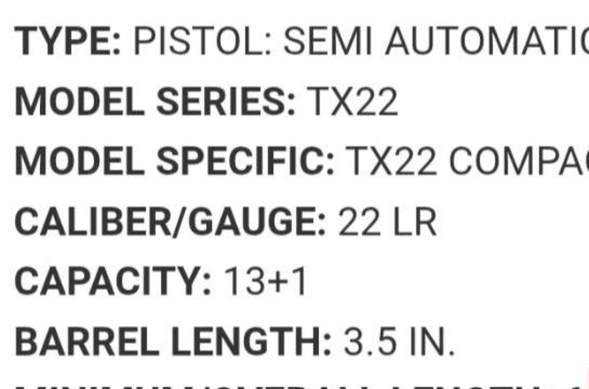 Taurus TX22 Compact product specification details.