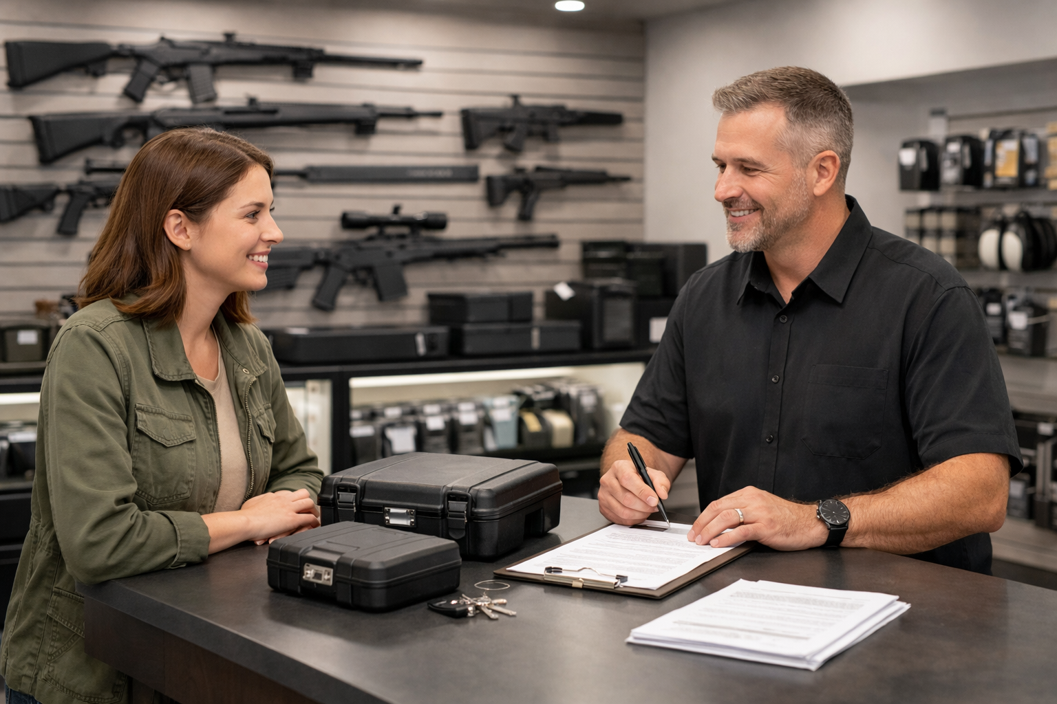 What Is an FFL Transfer? A Simple Guide for First-Time Firearm Buyers A first-time buyer completing an FFL transfer with a licensed firearms dealer.
