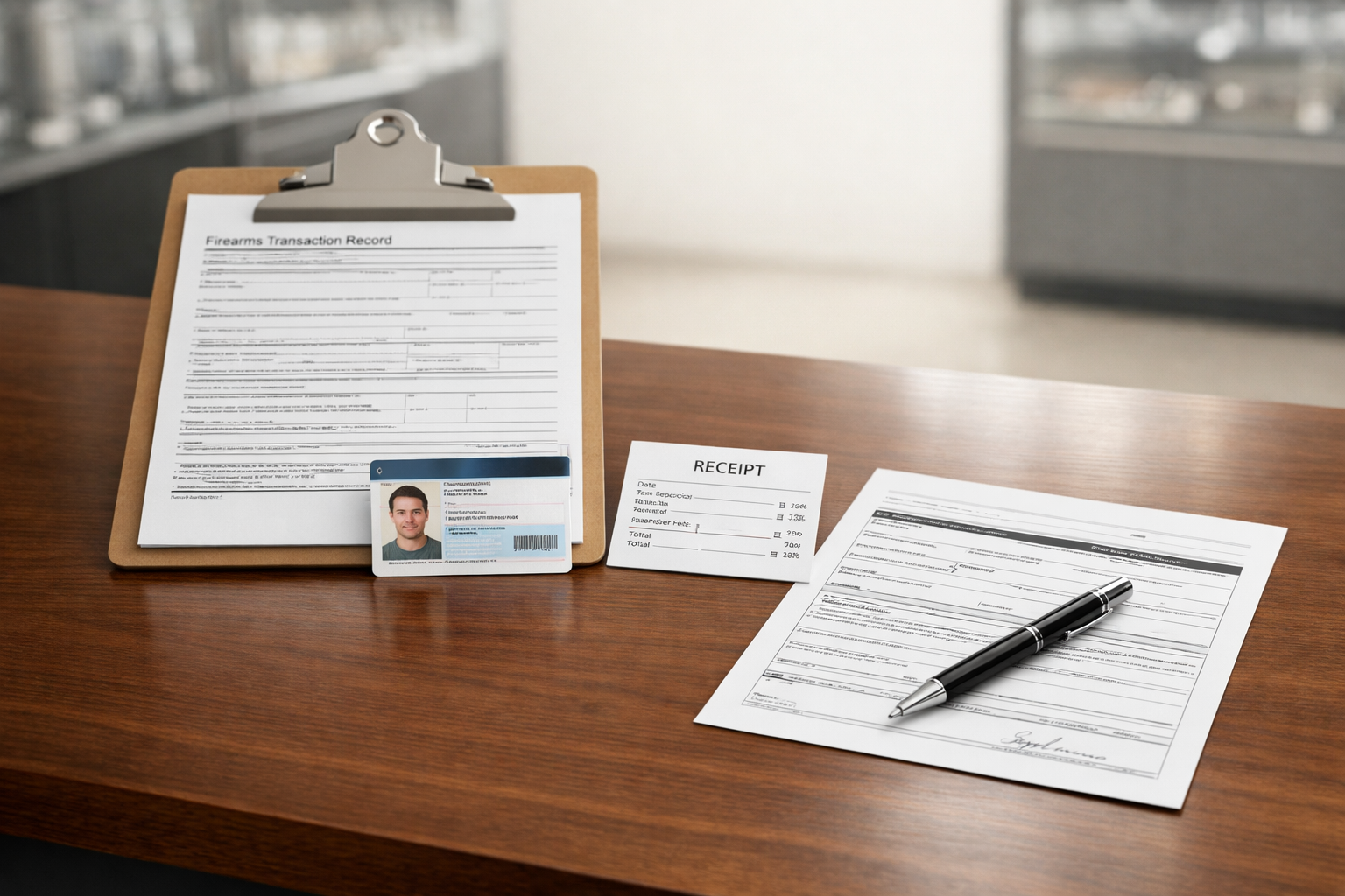 What to Bring to Your FFL Transfer Appointment Professional dealer counter with ID, transfer paperwork, and payment items arranged for an FFL transfer appointment.