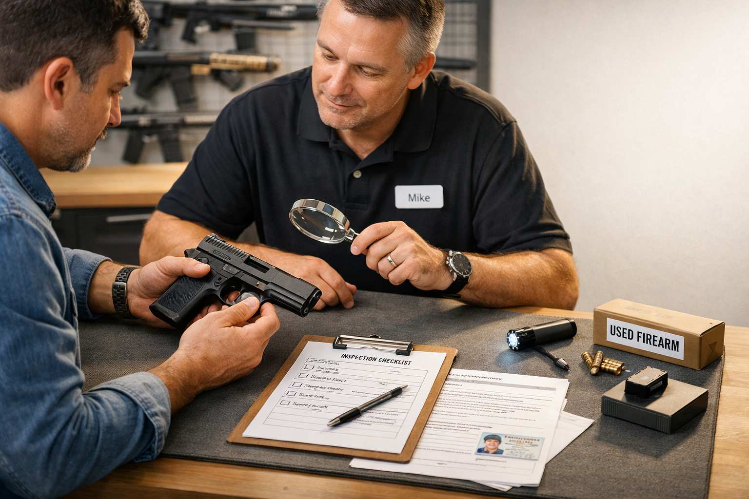 Adult buyer and FFL staff member inspecting a used firearm with paperwork in a clean, professional shop setting.
